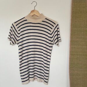 VINTAGE SILK Cream and Navy Striped Short Sleeve Mock Neck Top